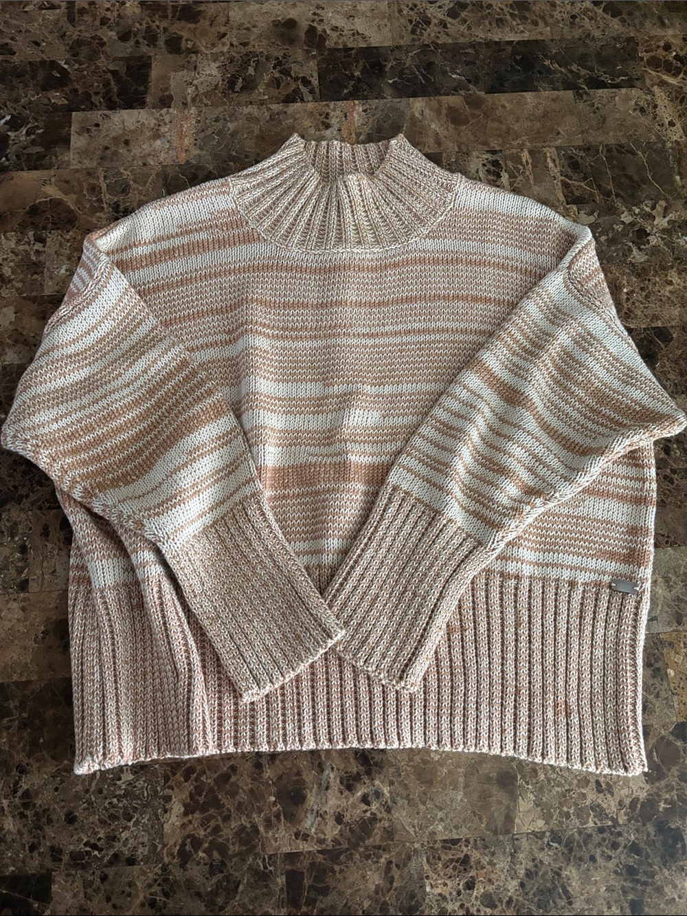 Women's Striped Mock Neck Sweater in Cream and Tan